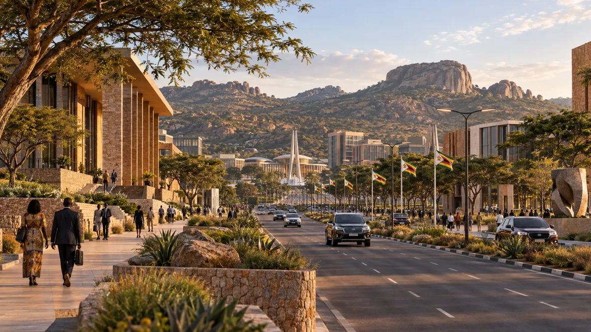 Illustrative tree-lined Zimbabwean arrival boulevard