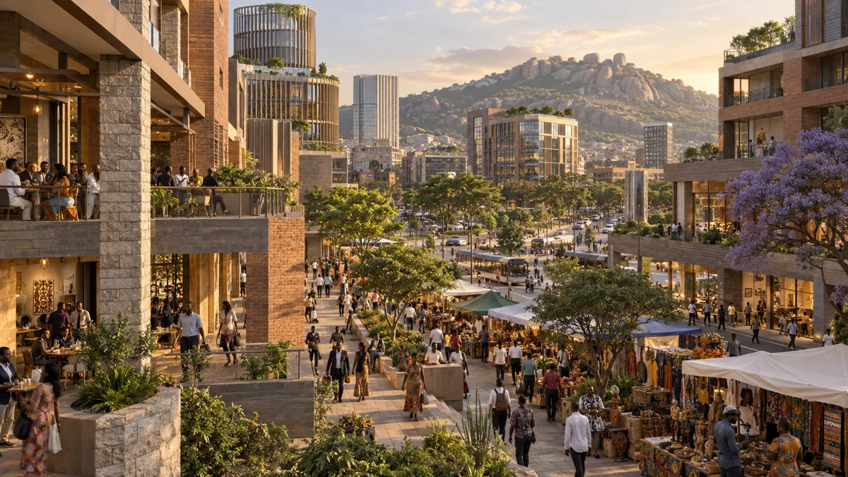Illustrative mixed-use district with contemporary Zimbabwean architecture