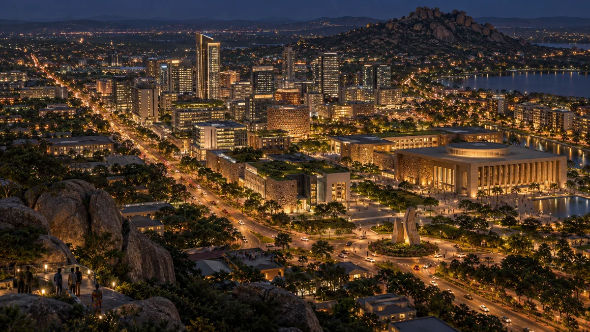 Illustrative rendering: Evening city
